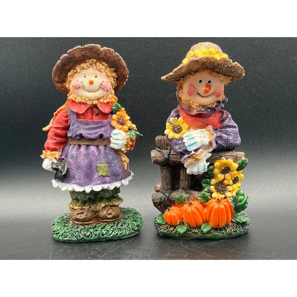 Set of 2 Fall Scarecrow Figurines Resin Harvest Decor Sunflowers Pumpkins 5